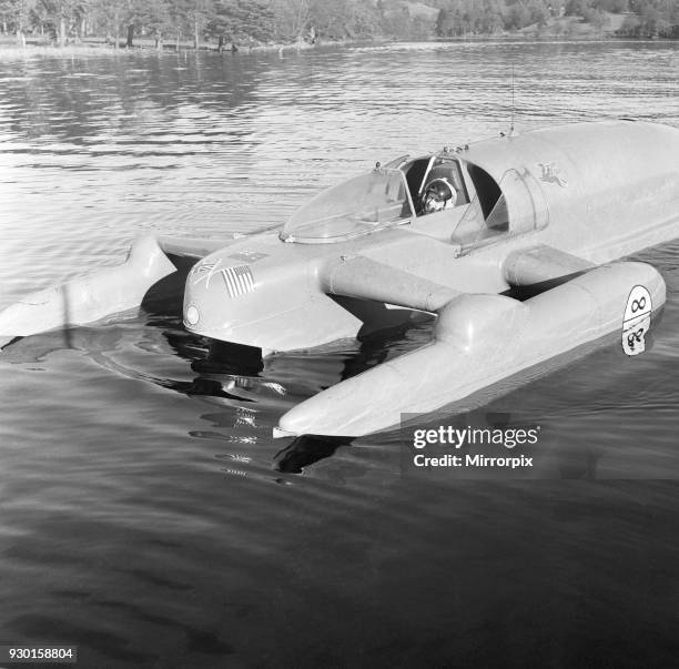 Donald Campbell, at Coniston Water, 7th November 1957. Donald Campbell, pictured after breaking his own world record at Coniston Water, by averaging...