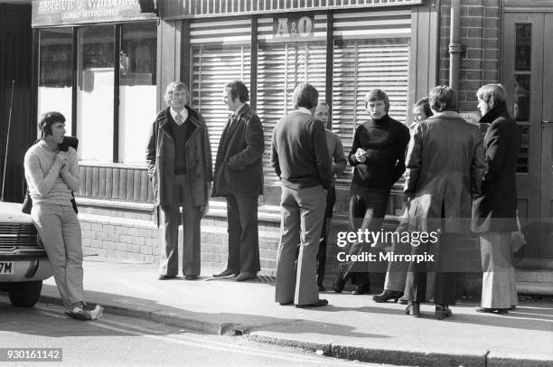 Derby County players leaving the Baseball Ground at lunch time after holding a meeting with the board of directors following the departure of manager...