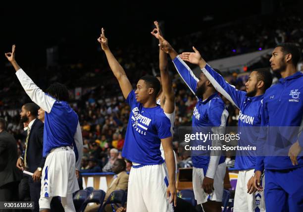 Hampton Pirates players celebrate during a semifinal match between the Hampton Pirates and the North Carolina A&T Aggies on March 09 at Norfolk Scope...