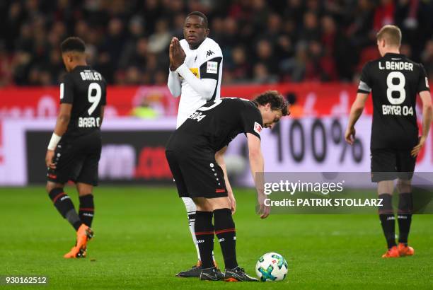 Moenchengladbach's Swiss midfielder Denis Zakaria reacts during the German first division Bundesliga football match Bayer 04 Leverkusen vs Borussia...