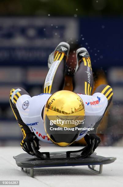 Anja Huber of Germany leaves the start on her first run enroute to winning the Women's Skeleton World Cup at the Utah Olympic Park on November 12,...