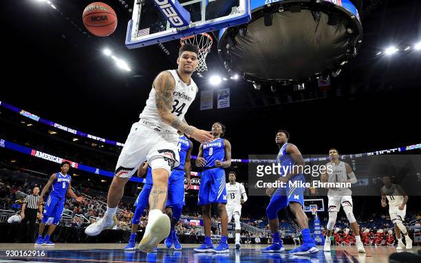 Jarron Cumberland of the Cincinnati Bearcats loses the ball during a semifinal game of the 2018 AAC Basketball Championship against the Memphis...