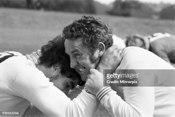 Derby County training session for the new season at Colwick Wood, Nottingham. Dave Mackay with Frank Wignall, 13th July 1970.