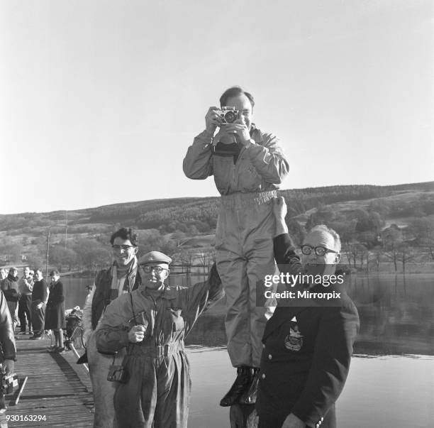 Donald Campbell, at Coniston Water, 7th November 1957. Donald Campbell, pictured after breaking his own world record at Coniston Water, by averaging...