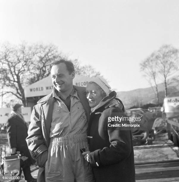 Donald Campbell, at Coniston Water, 7th November 1957. Donald Campbell, pictured with mother Lady Campbell after breaking his own world record at...