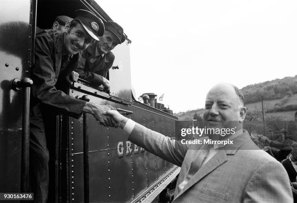 Dr Richard Beeching, Chairman of British Railways, reopens the Dart Valley Railway, South Devon Railway, 21st May 1969. He became a household name in...