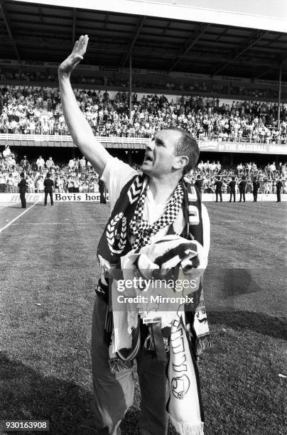 English League Division Two match at the Baseball Ground. Derby County 4 v Plymouth Argyle 2. Manager Arthur Cox enjoys the acclaim inside a jubilant...