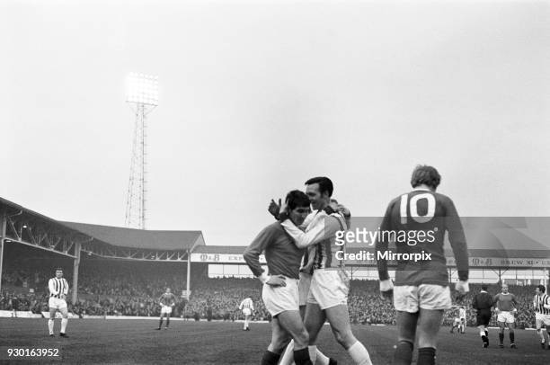 English League Division One match at The Hawthorns. West Bromwich Albion 6 v Manchester United 3. Jeff Astle commiserates with United defender Tony...