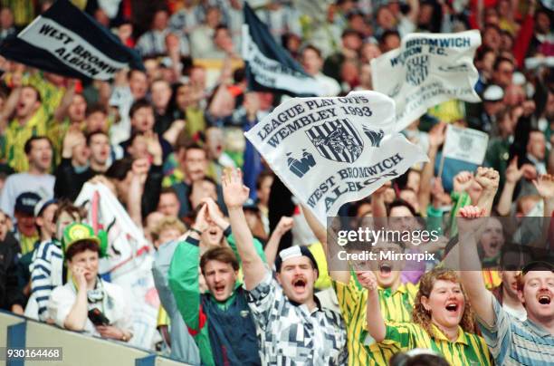 English League Division Two Play Off Final at Wembley Stadium. West Bromwich Albion 3 v Port Vale 0. West Brom fans waving flags and banners in the...
