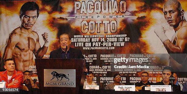 Boxer Troy Rowl , promoter Bob Arum and Julio Cesar Chavez Jr. During the press conference before the function of boxing between Manny Pacquiao v...