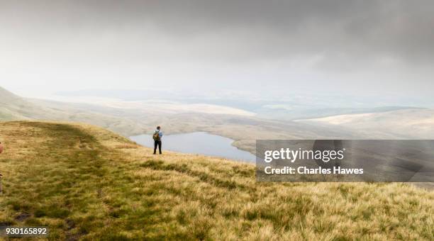 solitary walker looking over lln y fan fawr lake. the cambrian way, wales, uk - brecon beacons national park wales uk photos et images de collection
