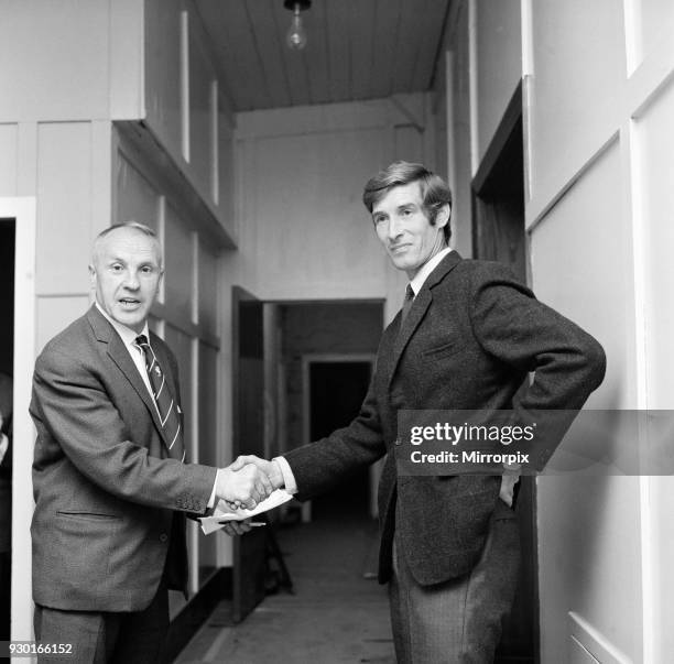 Liverpool manager Bill Shankly bids farewell to Geoff Strong at Anfield as he signs for Coventry City, 11th August 1970.