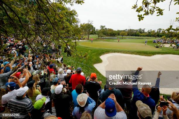 The crowd reacts as Tiger Woods makes a birdie putt on the third hole during the third round of the Valspar Championship at Innisbrook Resort...