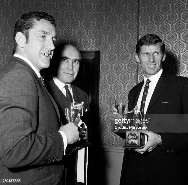 Joint footballer of the Year after receiving the trophies at the Cafe Royal are Dave Mackay of Derby County and Tony Book of Manchester City. Joining...