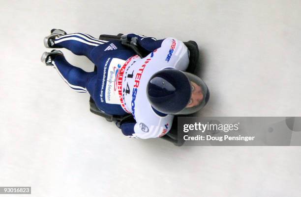 Donna Creighton of Great Britain gets in a second run before the heat was cancelled due to heavy snow in the Women's Skeleton World Cup at the Utah...