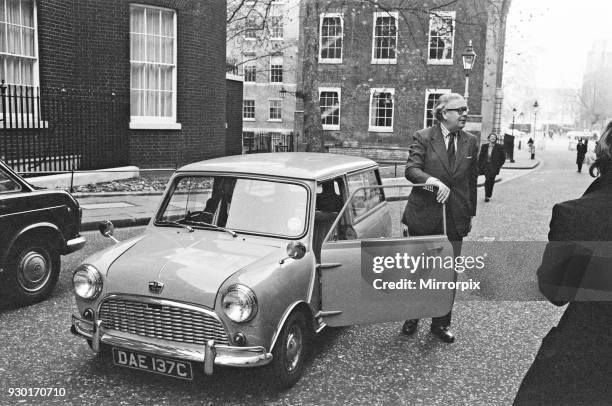 Mr Geoffrey Rippon arriving in Downing Street in his new electric powered mini. Mr Geoffrey Rippon, Minister of the Environment, today took delivery...