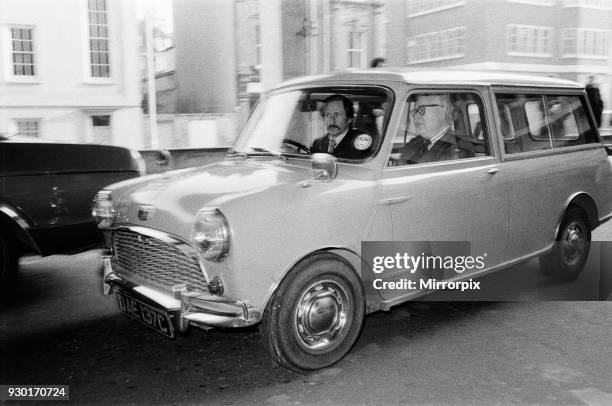 Mr Geoffrey Rippon being driven in his chauffeur driven electric mini. They take a short spin around the block before drink to 10 Downing Street.,...