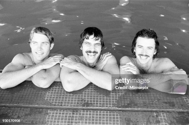 Mark Spitz , USA Olympic Champion, seven x gold medals at the 1972 Munich Olympic Games, pictured with David Wilkie , British Olympic Champion, 200...