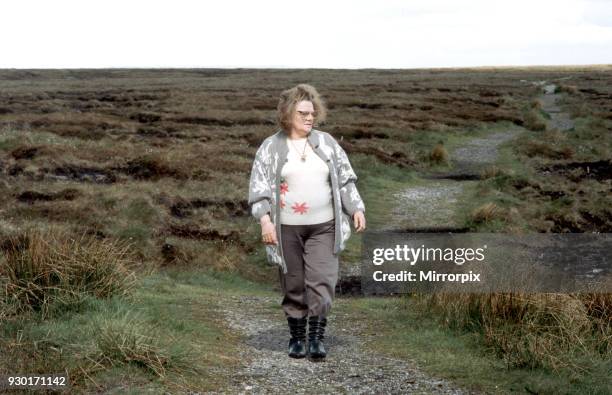 Mrs Winifred Johnson, mother of missing boy Keith Bennett, pictured on Saddleworth Moor, 8th June 1994. The Moors murders were carried out by Ian...