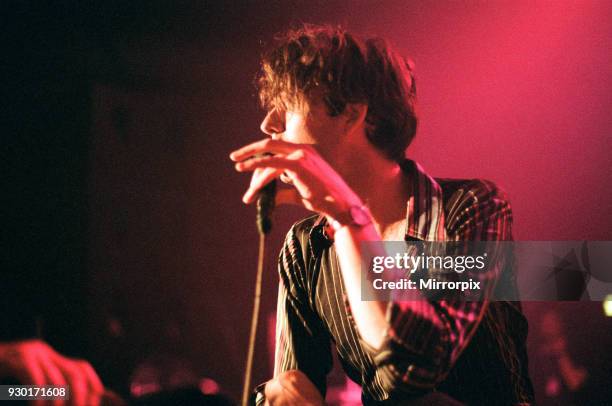 Pulp play the Clickimin Centre, Shetland, 13th August 1996. Lead Singer, Jarvis Cocker.