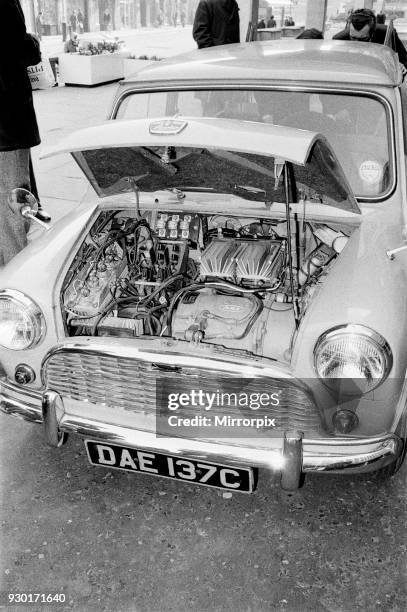 Picture shows the electric powered engine of Mr Geoffrey Rippon's new Electric Mini. Mr Geoffrey Rippon, Minister of the Environment, today took...