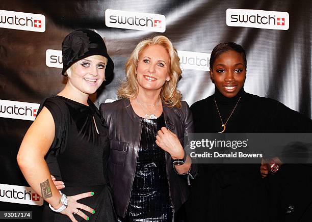 Television personality Kelly Osbourne, Global Swatch President Madame Arlette-Elsa Emch and recording artist Estelle attend the Swatch Times Square...