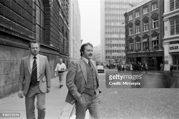 Scenes outside the Old Bailey during the trial of Peter Sutcliffe, the Yorkshire Ripper. Pictured, Ronald Barker, 7th May 1981.