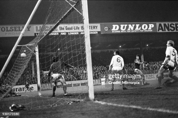 Pat McMahon scores Aston Villa's second goal against Manchester United during the League Cup second leg semi final match at Villa Park. The final...