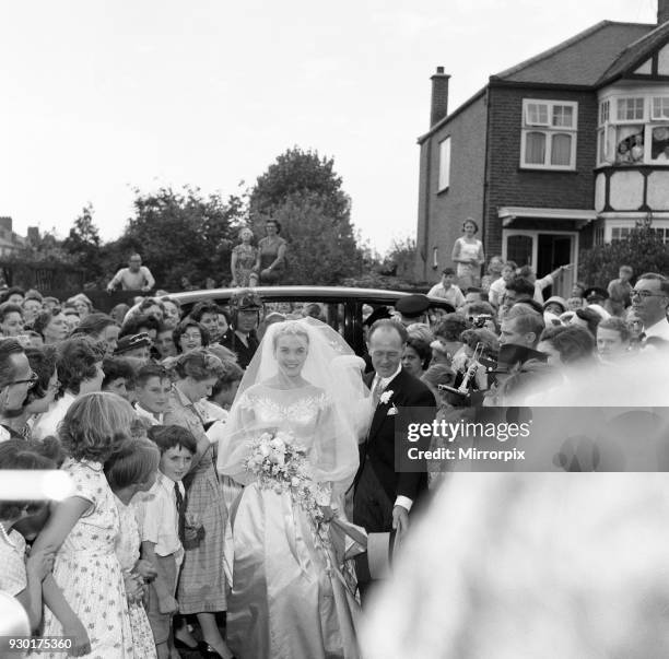 Shirley Eaton, TV and Film Actress aged 21, wedding to Colin Lenton Rowe aged 27, St Mary's, Kenton, Middlesex, Monday 5th August 1957.