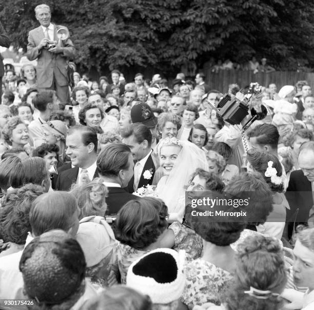 Shirley Eaton, TV and Film Actress aged 21, wedding to Colin Lenton Rowe aged 27, St Mary's, Kenton, Middlesex, Monday 5th August 1957.