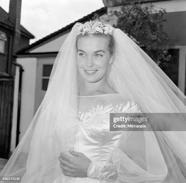 Shirley Eaton, TV and Film Actress aged 21, wedding to Colin Lenton Rowe aged 27, St Mary's, Kenton, Middlesex, Monday 5th August 1957.