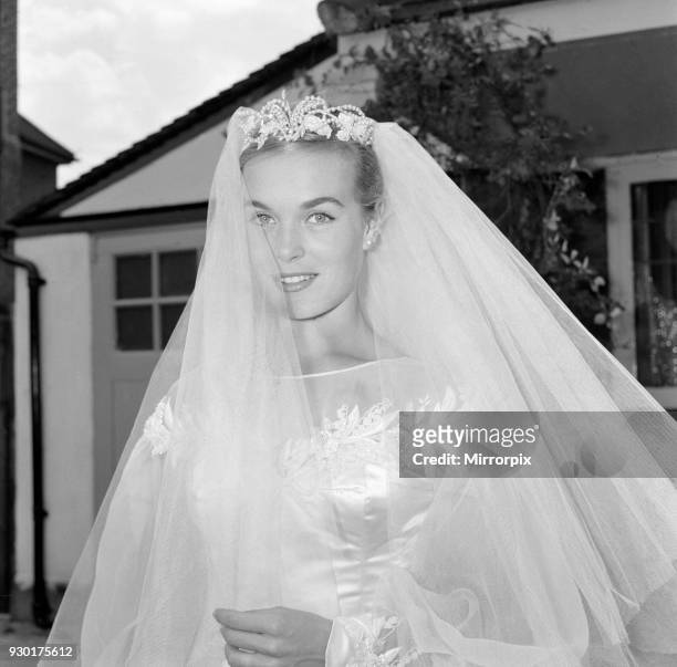 Shirley Eaton, TV and Film Actress aged 21, wedding to Colin Lenton Rowe aged 27, St Mary's, Kenton, Middlesex, Monday 5th August 1957.