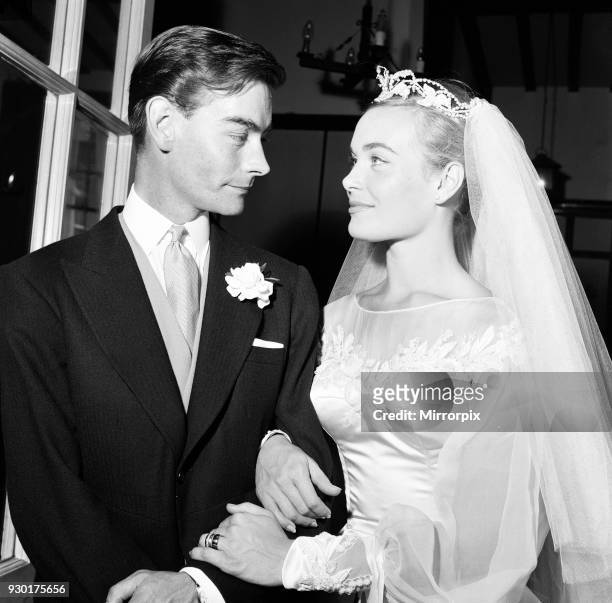 Shirley Eaton, TV and Film Actress aged 21, wedding to Colin Lenton Rowe aged 27, St Mary's, Kenton, Middlesex, Monday 5th August 1957.