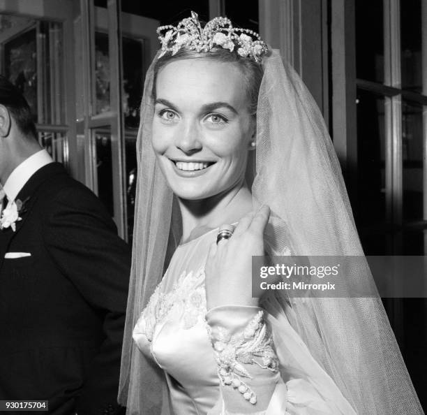 Shirley Eaton, TV and Film Actress aged 21, wedding to Colin Lenton Rowe aged 27, St Mary's, Kenton, Middlesex, Monday 5th August 1957.