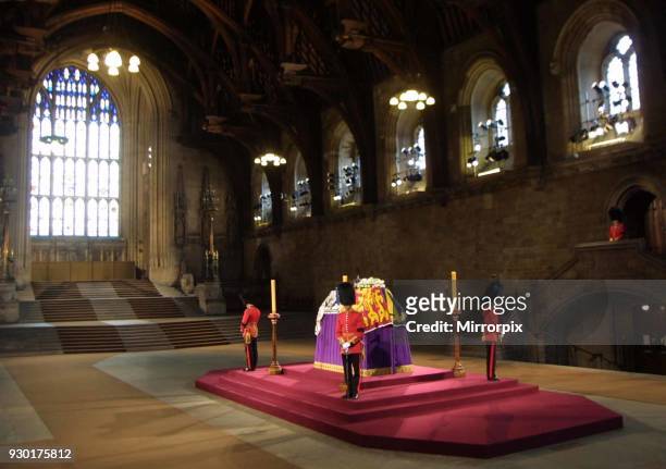 The coffin of Queen Elizabeth, the Queen Mother which lies in state at Westminster Hall in central London April 9 2002,.