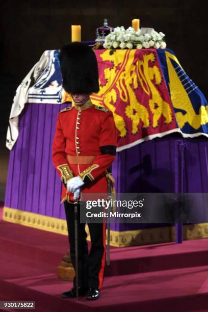 The coffin of Queen Elizabeth, the Queen Mother which lies in state at Westminster Hall in central London April 9 2002,.