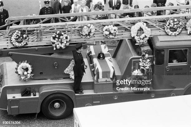 The funeral of the five firemen who were killed at Dudgeons Wharf, East London the previous week, following an explosion at a disused oil storage...