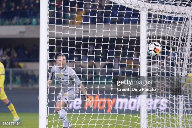 Stefano Sorrentino goalkeeper of Chievo receives Caracciolo goal if Verona during the serie A match between Hellas Verona FC and AC Chievo Verona at...