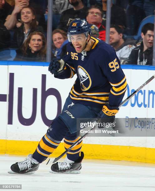 Justin Bailey of the Buffalo Sabres celebrates his third period goal against the Vegas Golden Knights during an NHL game on March 10, 2018 at KeyBank...