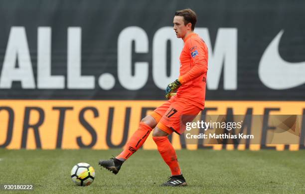 Leopold Zingerle of Paderborn runs with the ball during the 3.Liga match between FC Hansa Rostock and SC Paderborn 07 at Ostseestadion on March 10,...