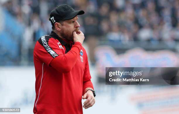 Head coach Steffen Baumgart of Paderborn gestures during the 3.Liga match between FC Hansa Rostock and SC Paderborn 07 at Ostseestadion on March 10,...