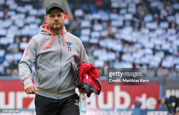 Head coach Steffen Baumgart of Paderborn looks on prior to the 3.Liga match between FC Hansa Rostock and SC Paderborn 07 at Ostseestadion on March...