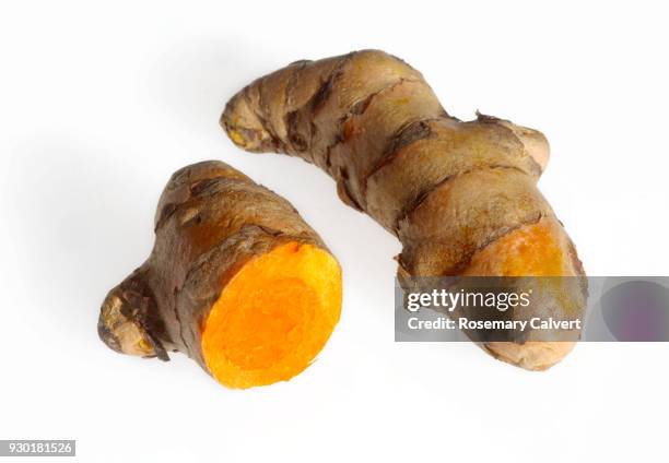 fresh turmeric rhizomes showing orange inside on white - açafrão da índia imagens e fotografias de stock