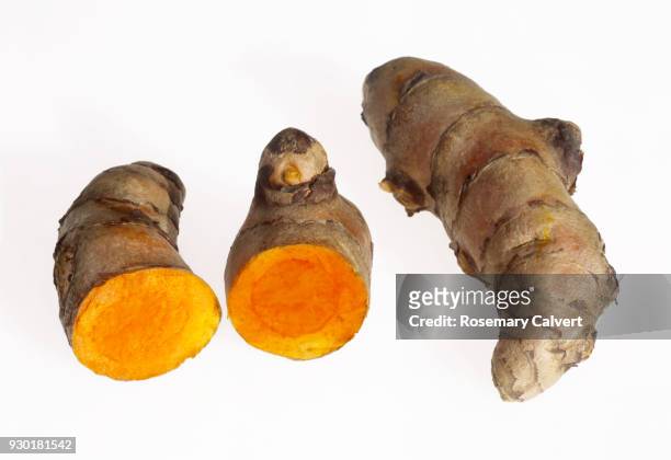 fresh turmeric root cut to expose bright orange inside. - turmeric stock pictures, royalty-free photos & images