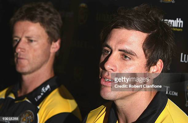 Matthew Richardson of the Richmond Tigers talks to the media as he announces his AFL retirement at Punt Road Oval on November 13, 2009 in Melbourne,...