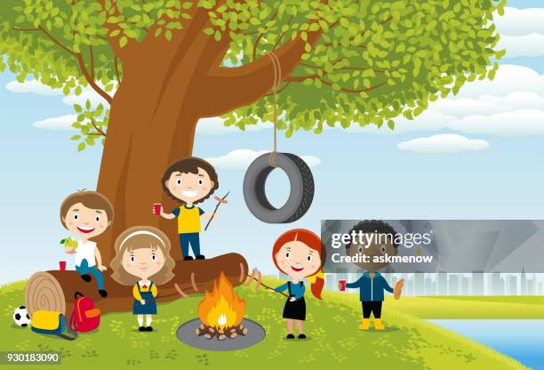 children on a picnic - camping friends stock illustrations