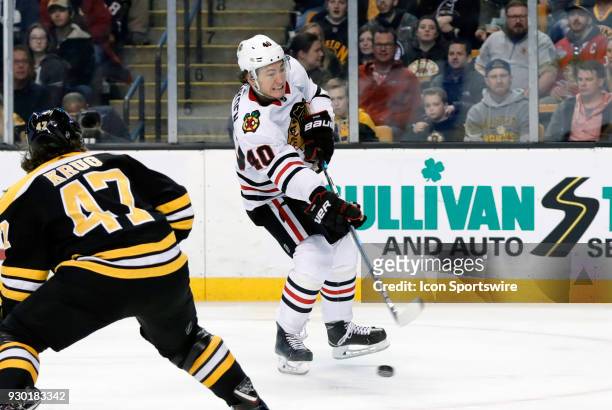 Chicago Blackhawks right wing John Hayden shoots and scores during a game between the Boston Bruins and the Chicago Blackhawks on March 10 at TD...