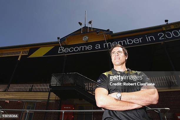 Matthew Richardson of the Richmond Tigers poses for the media after announcing his AFL retirement at Punt Road Oval on November 13, 2009 in...