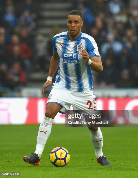 Mathias Zanka of Huddersfield Town during the Premier League match between Huddersfield Town and Swansea City at John Smith's Stadium on March 10,...