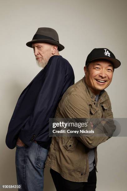 Writer Frank Miller and Jim Lee from "Superman 80th Anniversary" poses for a portrait in the Getty Images Portrait Studio Powered by Pizza Hut at the...